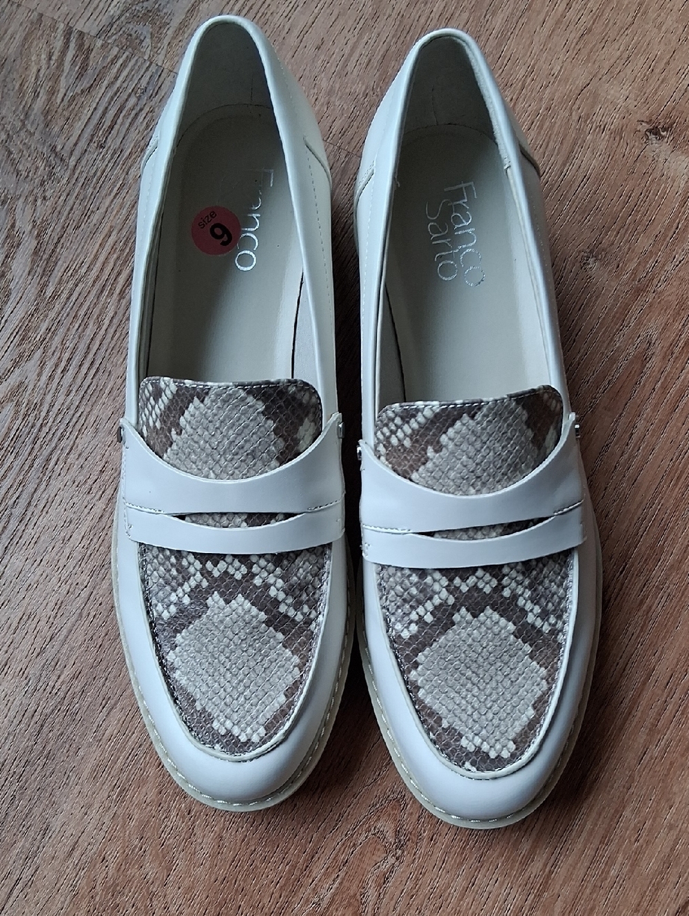 Franco Sarto Cream Loafers with Brown Snake-Print Accent